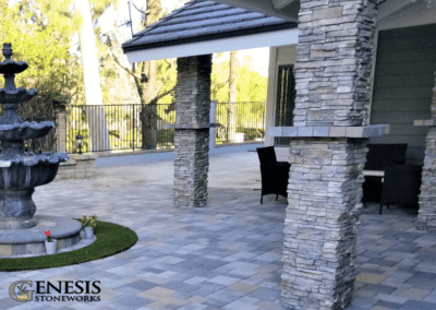 Genesis Stoneworks Stone Veneer Columns, Rustic Garden Wall, and Patio Pavers Installation