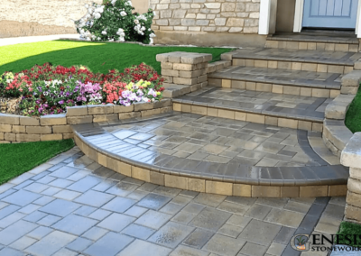 Genesis Stoneworks Entry Walkway Paver Steps, Walls, Pilasters, & Artificial Turf