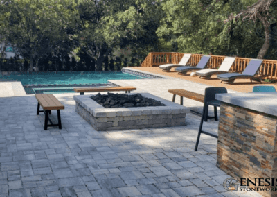 Genesis Stoneworks Fire Pit, Barbecue Island, Pavers, Pool, & Wood Deck Install