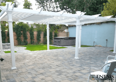 Genesis Stoneworks Paver Patio, Artificial Turf, Fire Pit & Lattice Patio Cover Installation