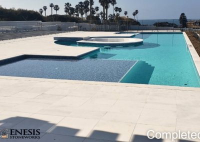Genesis Stoneworks TM Pool & Spa Build with Baja Shelf & Custom In-Pool Fire Pit