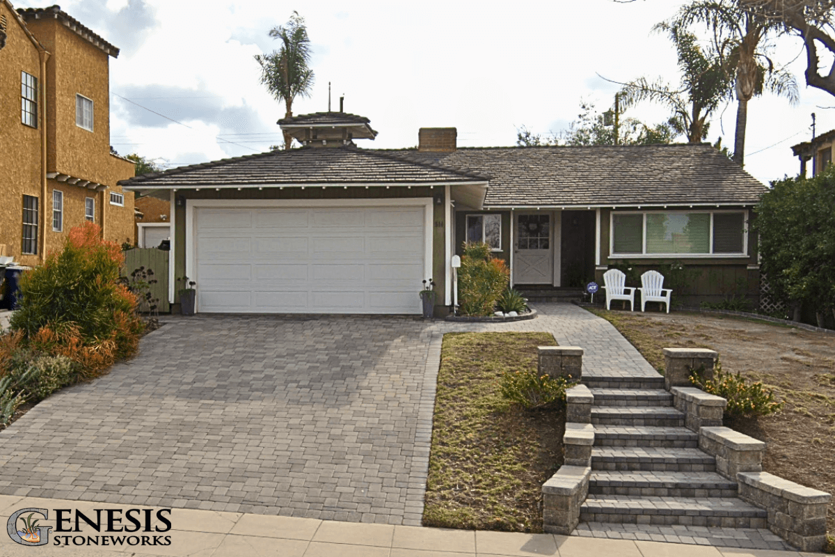 Genesis Stoneworks Burbank Pavers in Driveway and Walkway with Garden Walls