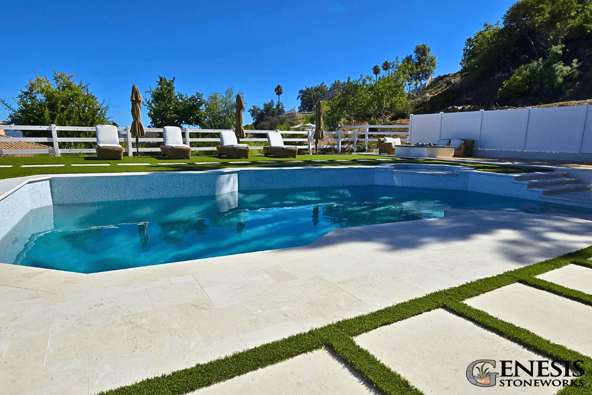 Genesis Stoneworks Pool Remodel Coping, Tile, Stone Paver Deck, & Artificial Turf Genesis Stoneworks Pool Deck Natural Stone Pavers & Artificial Turf